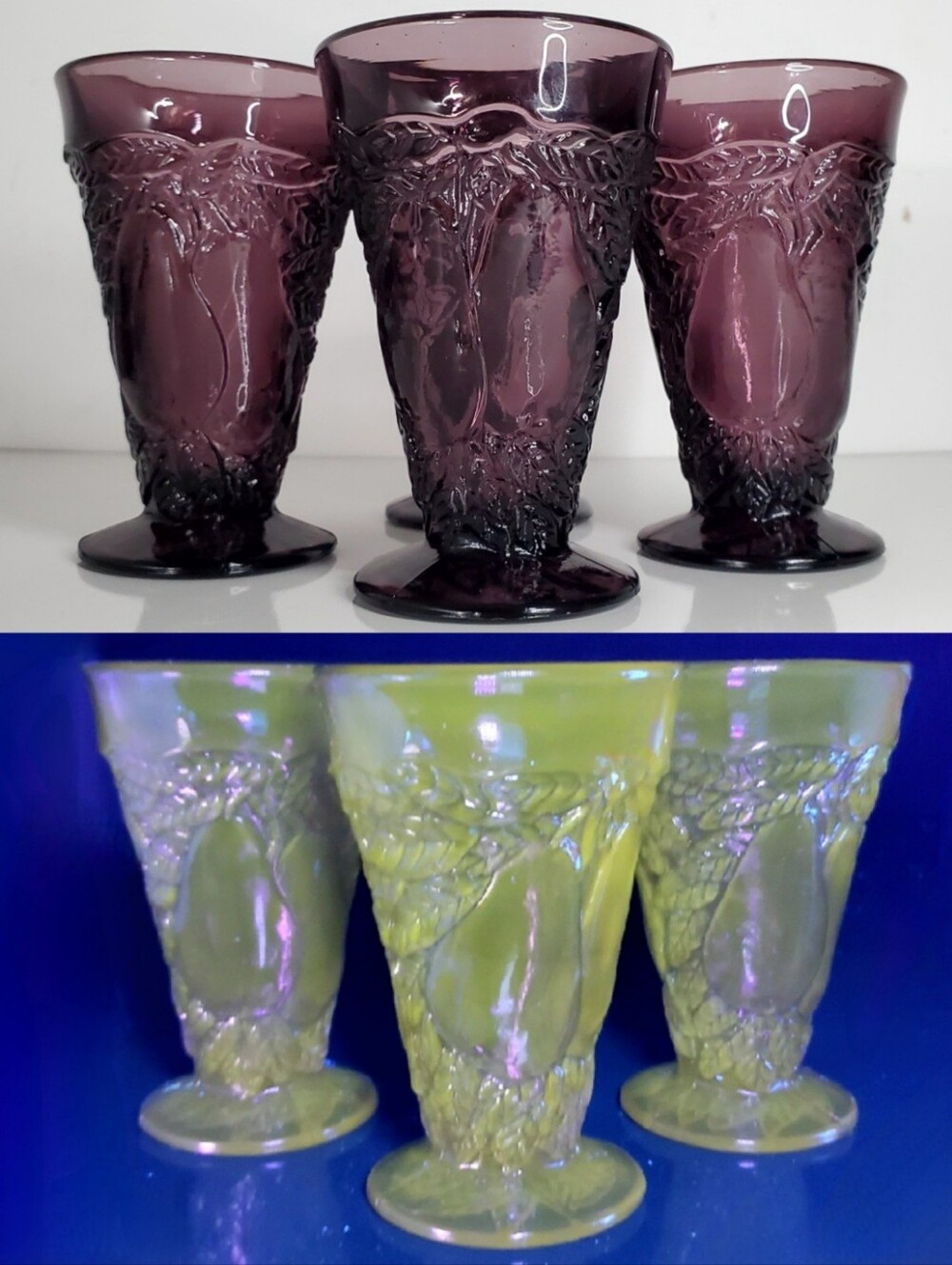 (4) Sweet🍐Pear 9oz Amethyst Purple Glass Footed Tumblers 💜Tiara Indiana Glass